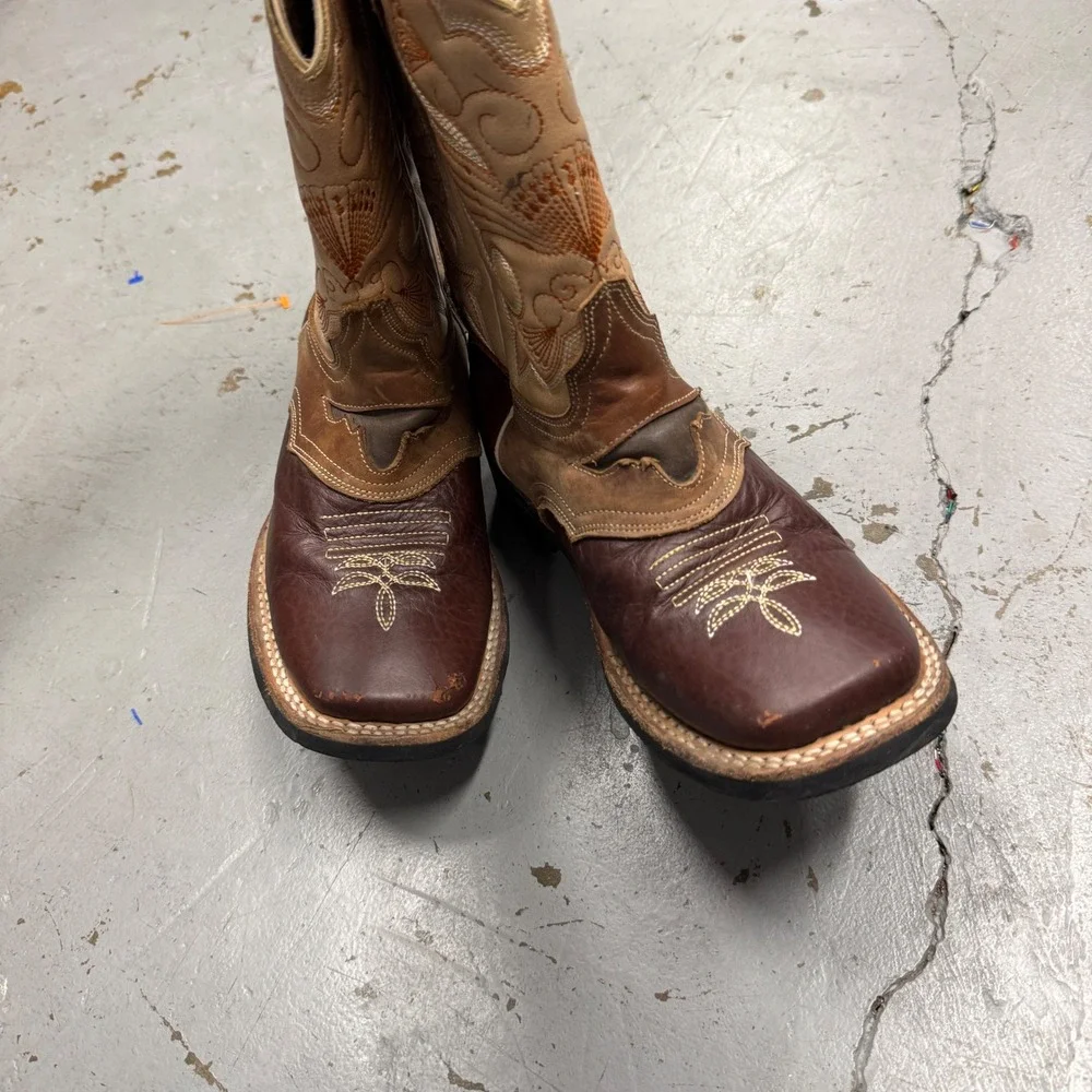 Kids Western Cowboy Boots Square‎ Toe Brown Tan Crazy Pull On Shoes Size 22.5